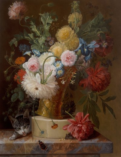 Stilleven van bloemen op een richel met een kat door Johannes Hendrick Fredriks