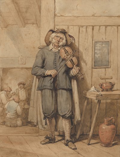 Een violist in een taverne, met drie mannen op de achtergrond door Johannes Hendrik van West