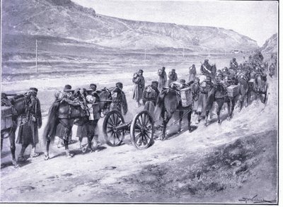 Een batterij veldkanonnen op weg naar Ichon, illustratie uit Cassells History of the Russo-Japanese War Vol 1, ca. 1900 door Johannes Hermann Barend Koekkoek