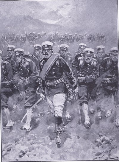 Een aanval van de Japanse infanterie, illustratie uit Cassells History of the Russo-Japanese War Vol 1, ca. 1900 door Johannes Hermann Barend Koekkoek