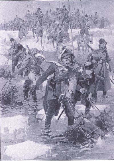 Een staaltje van paardrijkunst. Russische cavalerie steekt een rivier over, illustratie uit Cassells History of the Russo-Japanese War Vol 1, ca. 1900 door Johannes Hermann Barend Koekkoek