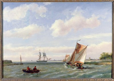 Vissersboot in een riviermonding door Johannes Hermann Barend Koekkoek