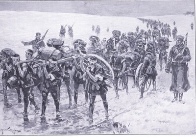 Japanners op mars. Mannen in plaats van pakpaarden, illustratie uit Cassells History of the Russo-Japanese War Vol 1, ca. 1900 door Johannes Hermann Barend Koekkoek