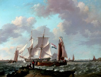 Schepen bij de kust door Johannes Hermanus Koekkoek
