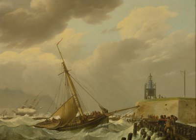 Schepen in stormachtige zeeën door Johannes Hermanus Koekkoek