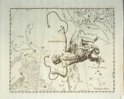 Boreale constellatie van Andromeda, gravure uit de sterrenatlas Firmamentum Sobiescianum sive Uronographia, door Johann Hevelius, Gdansk door Johannes Hevelius