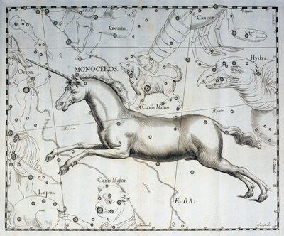 Monoceros, sterrenbeeld Eenhoorn, gravure uit de sterrenatlas Firmamentum Sobiescianum sive Uronographia door Johannes Hevelius