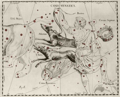 Het sterrenbeeld Canes Venatici, Jachthonden. Plaat getekend uit 