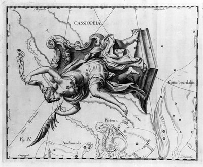 Het sterrenbeeld Cassiopeia: Cassiopeia, vrouw van de koning van Ethiopië Cepheus, zittend op een stoel versierd met palmbomen. Plaat uit 