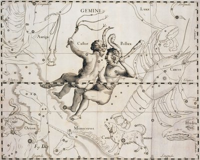Het sterrenbeeld Tweelingen, illustratie uit Firmamentum Sobiescianum sive Uranographia, door Johann Hevelius (1611-1687), Gdansk 1690 door Johannes Hevelius