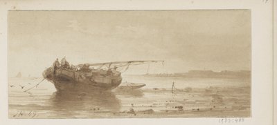 Schip met gestreken zeil op een rivier door Johannes Hilverdink