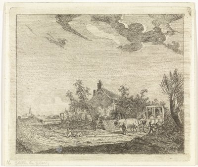 Paard en wagen voor een huis door Johannes Huibert Prins
