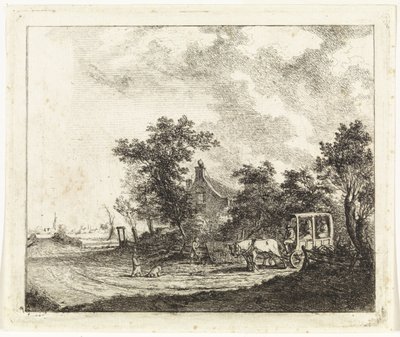Paard en wagen voor een huis door Johannes Huibert Prins