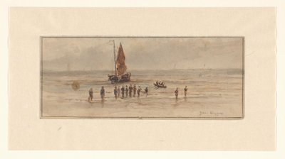 Strandgezicht met vissers en zeilschip door Johannes Huygens (signed by artist)