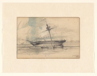 Zeilschip met twee roeiboten door Johannes Huygens (signed by artist)