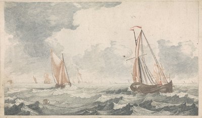 Twee elkaar tegemoet zeilende platbodems door Johannes Jacobsz van den Aveele