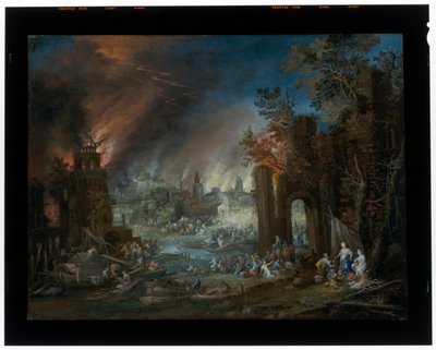 Landschap met Lot en zijn dochters en de brandende Sodom op de achtergrond door Johannes Jakob Hartmann
