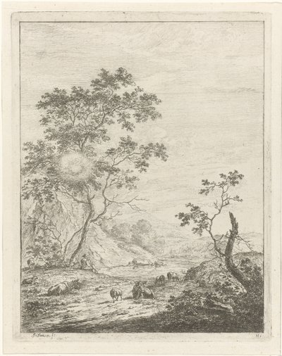 Bergachtig landschap met herder en vee door Johannes Janson