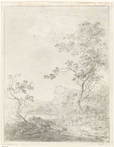 Bergachtig landschap met herder en vee op pad door Johannes Janson