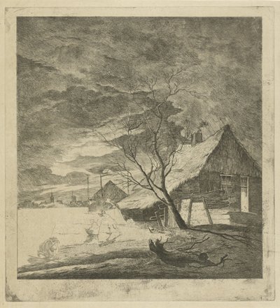 Nachtlandschap met boerderij en schaatsers door Johannes Janson