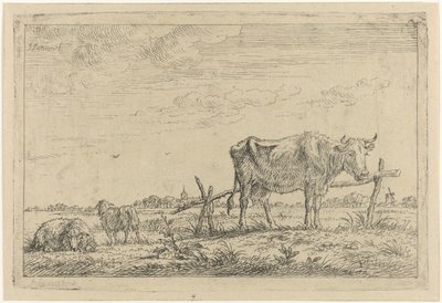 Weiland met koe en schapen door Johannes Janson