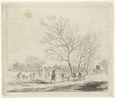 Winterlandschap met koeien en schaatsers (December) (De twaalf maanden) (De gecouleurde Teekeningen van de 12 Maanden) door Johannes Janson