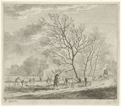 Winterlandschap met koeien en schaatsers door Johannes Janson