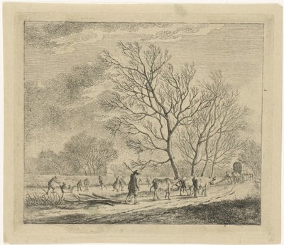 Winterlandschap met koeien en schaatsers door Johannes Janson