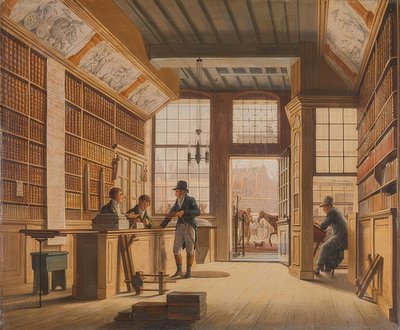 De winkel van boekhandelaar Pieter Meijer Warnars aan de Vijgendam in Amsterdam door Johannes Jelgerhuis