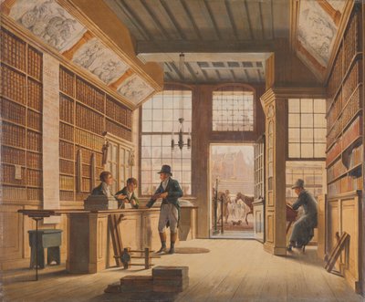 De winkel van boekhandelaar Pieter Meijer Warnars op de Vijgendam in Amsterdam door Johannes Jelgerhuis