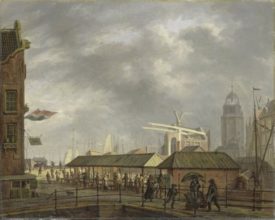 De kleine vismarkt op de hoek van de Brouwersgracht en Singel, Amsterdam door Johannes Jelgerhuis