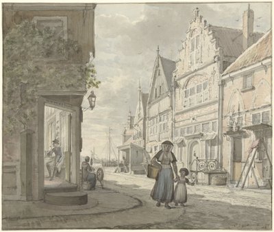Vrouw en een kind lopen op straat in een vissersdorp door Johannes Jelgerhuis