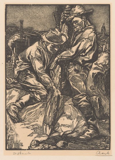 Bouwarbeiders bezig met heiwerk door Johannes Josephus Aarts (signed by artist)