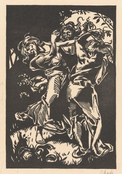 Dansende vrouwen met druiventrossen en sater door Johannes Josephus Aarts (signed by artist)