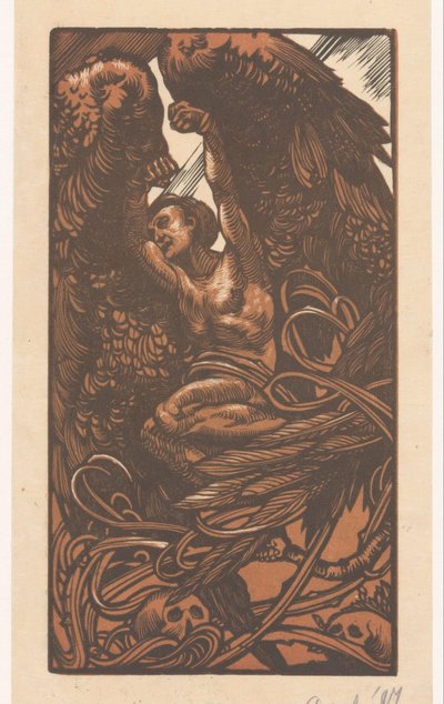 Gevleugelde vrouw met schedels door Johannes Josephus Aarts (signed by artist)