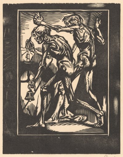 Twee naakte mannenfiguren met bel en kaarsendover door Johannes Josephus Aarts (signed by artist)