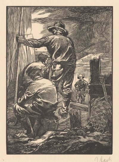 Vier arbeiders bij het water door Johannes Josephus Aarts (signed by artist)