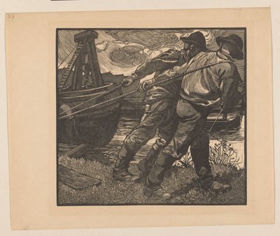 Arbeiders met touwen op oever door Johannes Josephus Aarts