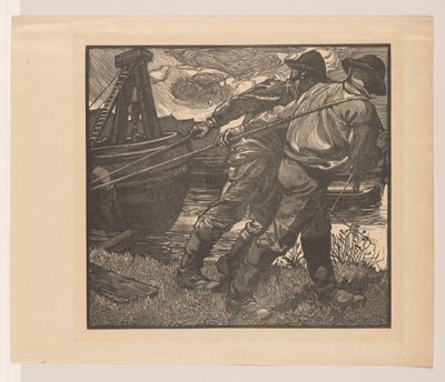 Arbeiders met touwen op oever door Johannes Josephus Aarts