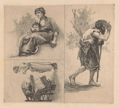 Drie voorstellingen met menselijke figuren door Johannes Josephus Aarts