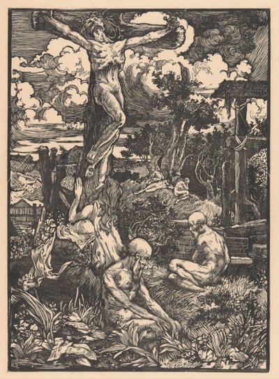 Gekruisigde man in heuvellandschap door Johannes Josephus Aarts