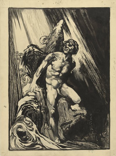 Lucifer in een rotslandschap bij een stroom, opziend naar het licht door Johannes Josephus Aarts