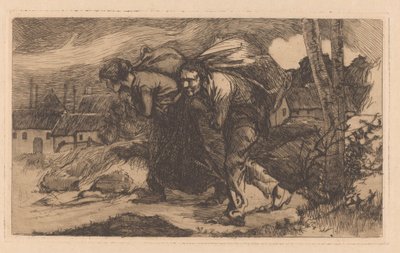 Man en vrouw met zak op de rug door Johannes Josephus Aarts