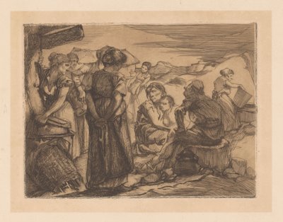 Man, vrouwen en kind in heuvelachtig landschap door Johannes Josephus Aarts