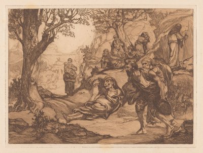 Mannen, vrouwen en kinderen in heuvelachtig landschap door Johannes Josephus Aarts