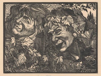 Twee bacchanten omgeven door wingerdbladeren door Johannes Josephus Aarts