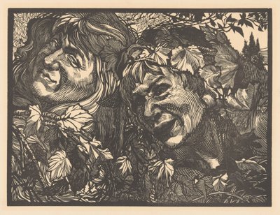 Twee bacchanten omgeven door wingerdbladeren door Johannes Josephus Aarts