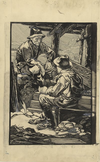 Twee dijkwerkers in een planken hut door Johannes Josephus Aarts