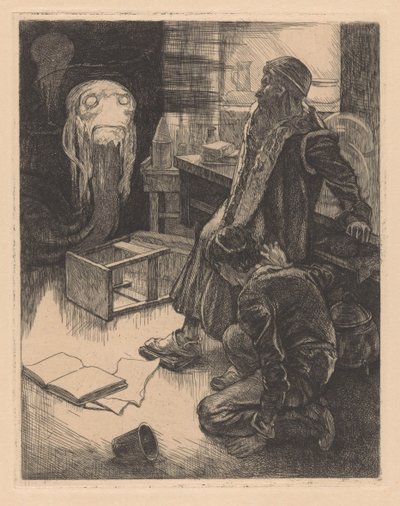 Twee mannen en een monster in een werkkamer door Johannes Josephus Aarts