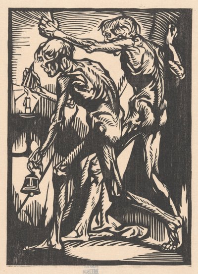 Twee Naakte Mannenfiguren met Bel en Kaarsendover door Johannes Josephus Aarts